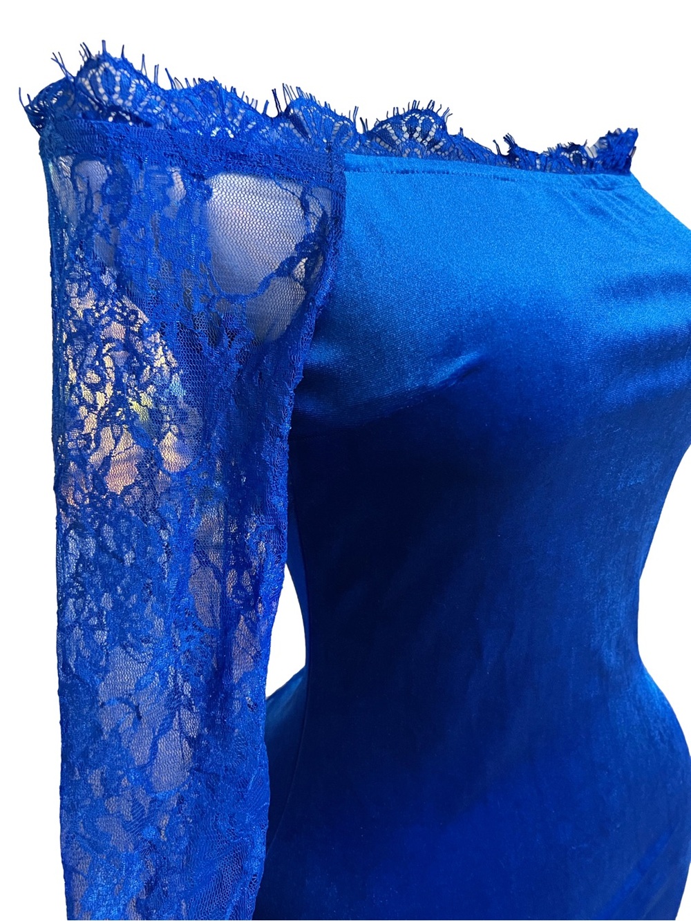Royal Blue Off Shoulder Velour Lace Bodycon Mini Dress - Picture 7 of 10
